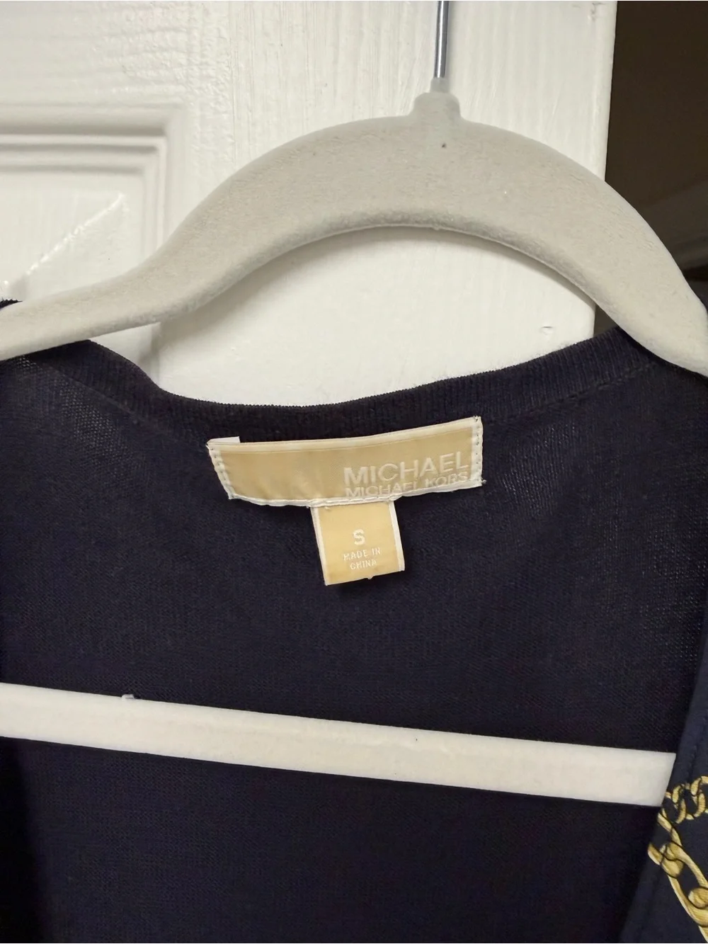 Michael Kors Navy Gold Chain Equestrian Print Satin Drape Cardigan Size S